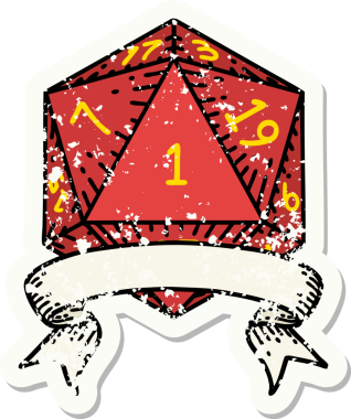 Bir insan tarafından çizilmiş doğal bir d20 zarının grunge çıkartması.