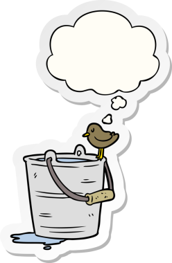 Düşünce baloncuklu çizgi film kovası insan tarafından çizilmiş bir çıkartma.