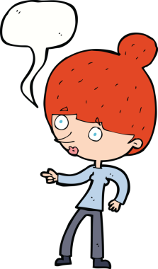 Bir insan tarafından çizilmiş bir konuşma balonuyla işaret eden çizgi film kadını.