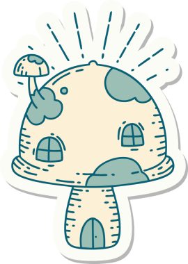 Bir insan tarafından çizilmiş dövme stili mantar evi çıkartması.