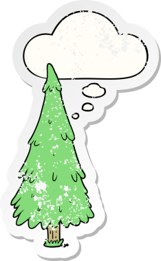 Düşünce baloncuğu olan karikatür Noel ağacı bir insan tarafından çizilmiş yıpranmış bir çıkartma.