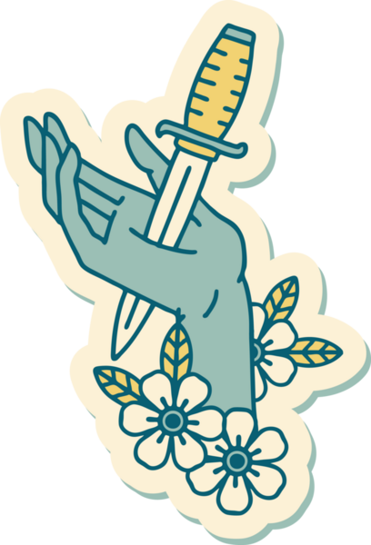 Bir insan tarafından çizilmiş eline geleneksel bir hançer stili dövme çıkartması.