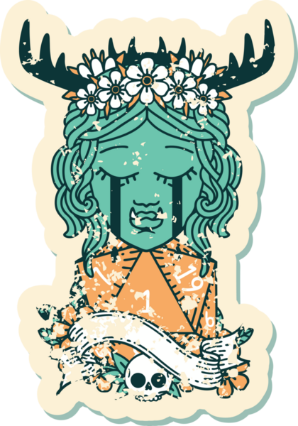 Retro Dövme Tarzı Ağlayan Ork Druid karakteri yüzü ve bir insan tarafından çizilmiş doğal bir D20 rulosu