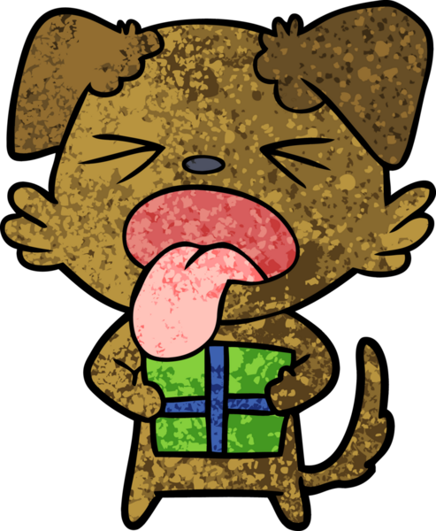 Bir insan tarafından çizilmiş noel hediyeli çizgi film köpeği.