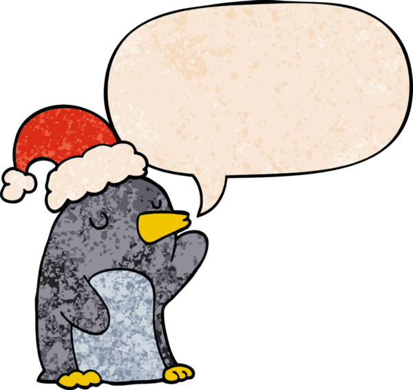 Bir insan tarafından çizilmiş geçmişe dönük konuşma baloncuğu olan şirin bir çizgi film pengueni.