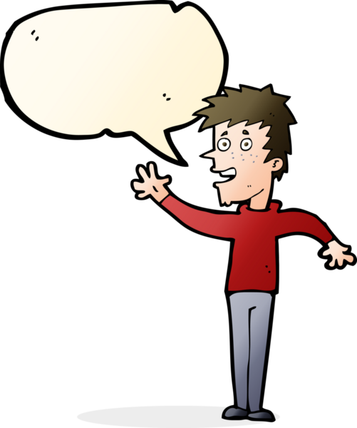 Bir insan tarafından çizilmiş konuşma baloncuğuyla el sallayan mutlu çocuk.