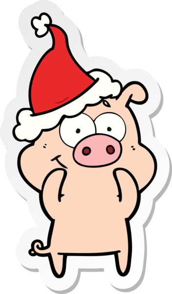 Bir insan tarafından çizilmiş Noel Baba şapkası takan bir domuzun mutlu el çizimi karikatürü.