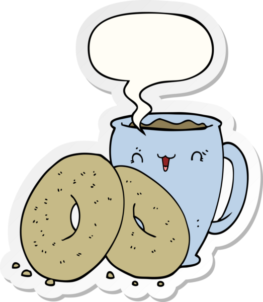 Bir insan tarafından çizilmiş konuşma balonu çıkartmalı kahve ve çörekler.