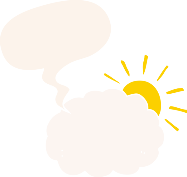 Güneş ve bulut sembolü, bir insan tarafından çizilmiş retro tarzı konuşma baloncuğu.