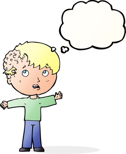 Kafasında bir insan tarafından çizilmiş düşünce balonuyla büyüyen çizgi film çocuğu.