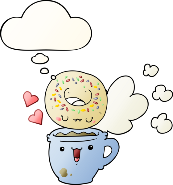 Tatlı çörek ve bir insan tarafından çizilmiş yumuşak eğimli düşünce baloncuklu kahve.