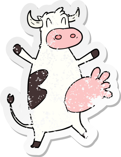 Bir insan tarafından çizilmiş, memeleri sallanan çizgi film ineğinin sıkıntılı çıkartması.