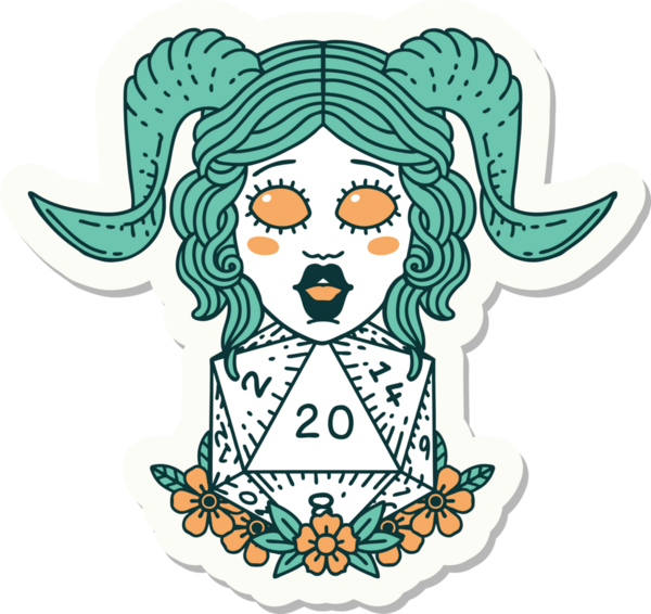 Bir insan tarafından çizilmiş doğal yirmi zarla yapıştırılmış bir etiket.