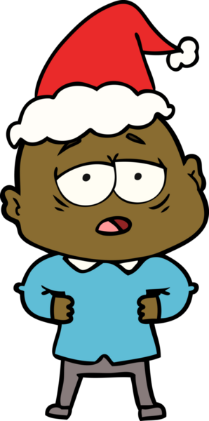 Bir insan tarafından çizilmiş Noel Baba şapkası giyen yorgun ve kel bir adamın el çizimi.