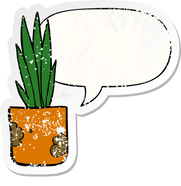 Konuşma baloncuğu olan karikatür evi bitkisi bir insan tarafından çizilmiş sıkıntılı eski bir çıkartma