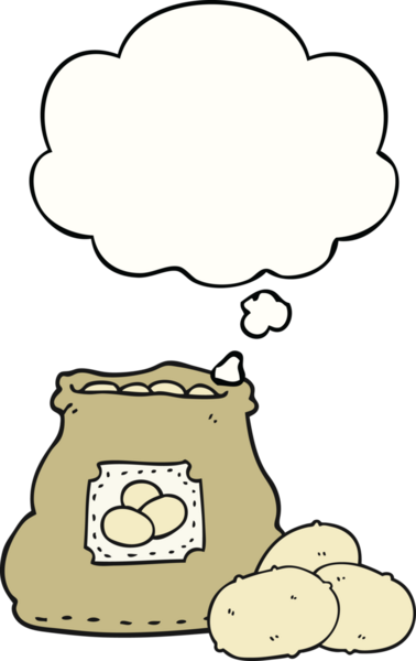 Bir insan tarafından çizilmiş düşünce balonlu patates çuvalı.