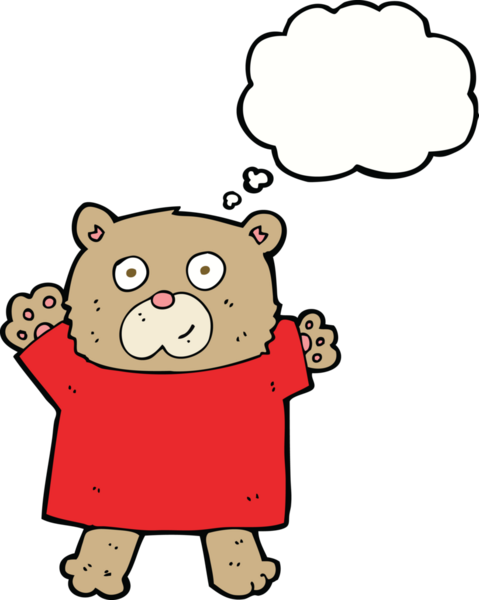 Bir insan tarafından çizilmiş düşünce baloncuklu şirin oyuncak ayı.