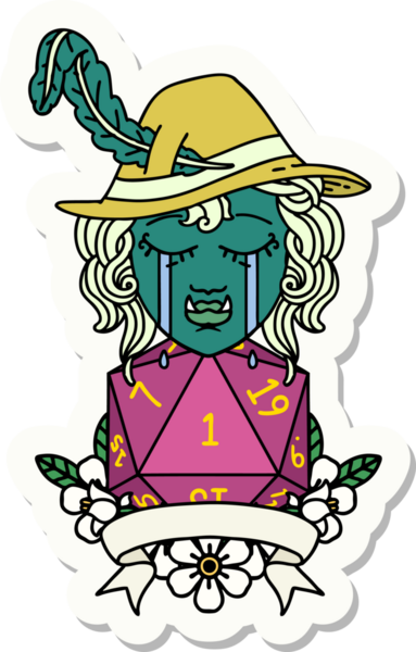 Ağlayan bir ork ozan karakterinin çıkartması. Bir insan tarafından çizilmiş doğal bir D20 rulosu.