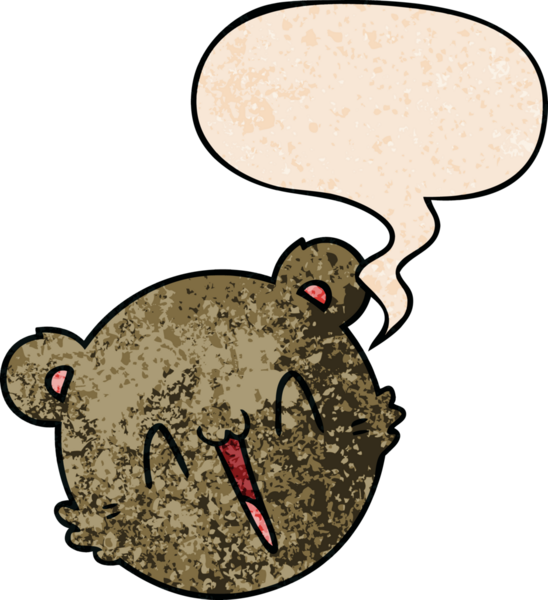 Bir insan tarafından çizilmiş eski dokuda konuşma baloncuğu olan sevimli oyuncak ayı yüzlü çizgi film.