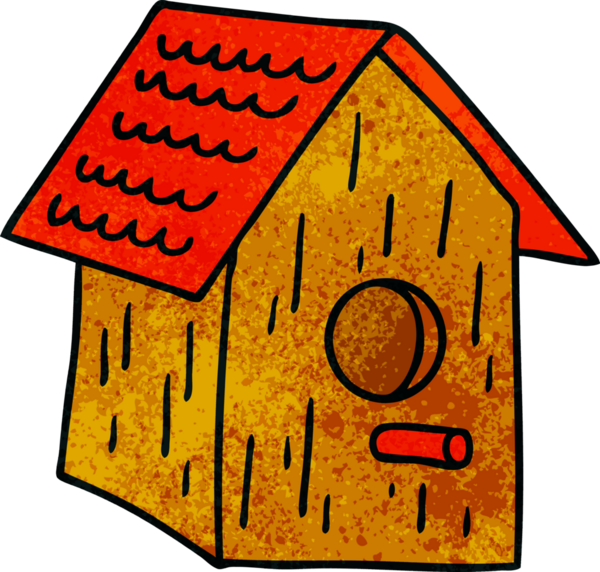 Bir insan tarafından çizilmiş ahşap bir kuş evinin el çizimi karikatürü.