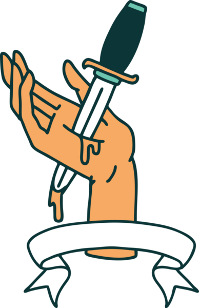 Geleneksel dövme, insan eliyle çizilmiş bir hançer sancağıyla.