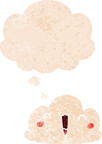 Düşünce baloncuğu ve grunge ile sevimli çizgi film bulutu bir insan tarafından çizilmiş sıkıntılı retro dokuma tarzı