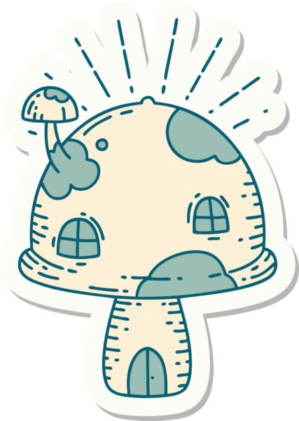 Bir insan tarafından çizilmiş dövme stili mantar evi çıkartması.