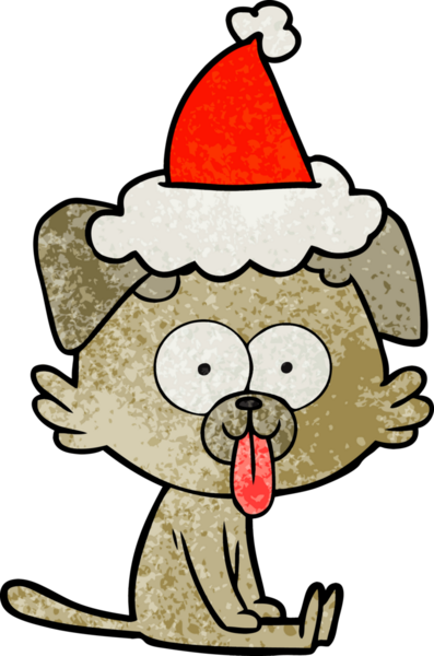 Bir insan tarafından çizilmiş Noel Baba şapkası giymiş, dili dışarıda oturan bir köpeğin el çizimi karikatürü.