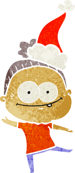 Bir insan tarafından çizilmiş Noel Baba şapkası giyen mutlu yaşlı bir kadının el çizimi karikatürü