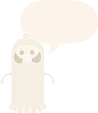 Bir insan tarafından çizilmiş eski tarz konuşma baloncuğu olan tuhaf kafatası hayaleti.