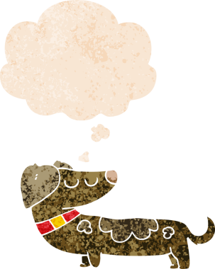 Düşünce baloncuğu ile çizgi film köpeğinin grunge sıkıntılı retro tarzı bir insan tarafından çizilmiş