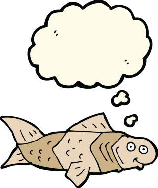 Bir insan tarafından çizilmiş düşünce baloncuklu komik balıklar.