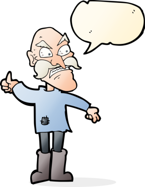 Bir insan tarafından çizilmiş konuşma baloncuğu olan yamalı giysili yaşlı bir adam.