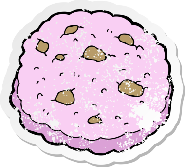 Bir insan tarafından çizilmiş pembe kurabiye karikatürünün gerilimli retro yapıştırması.