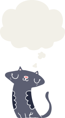 Düşünce baloncuğu olan çizgi film kedisi insan tarafından çizilmiş.