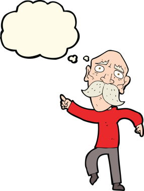 Karikatür üzgün yaşlı adam bir insan tarafından çizilmiş düşünce balonuyla işaret ediyor.