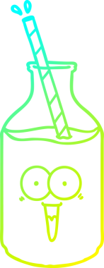 Bir insan tarafından çizilmiş samanla birlikte mutlu bir süt şişesinin soğuk gradyan çizgisi.