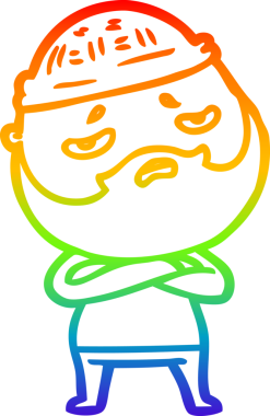 Bir insan tarafından çizilmiş sakallı, endişeli bir çizgi film çizimi.