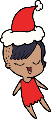 Mutlu el çizimi bir insan tarafından çizilmiş Noel Baba şapkası takan bir kız.