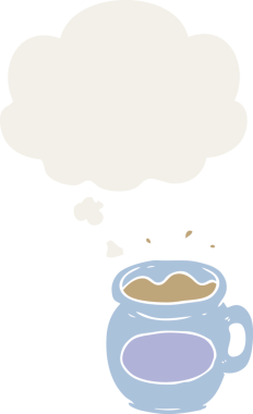 Düşünce baloncuklu çizgi film kahve fincanı insan tarafından çizilmiş.