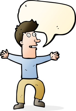 Bir insan tarafından çizilmiş konuşma baloncuğu olan ürkmüş bir adam.