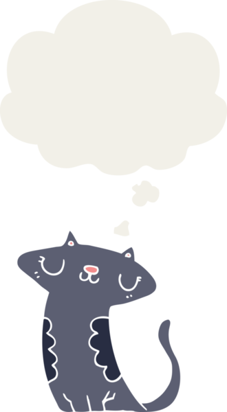 Düşünce baloncuğu olan çizgi film kedisi insan tarafından çizilmiş.