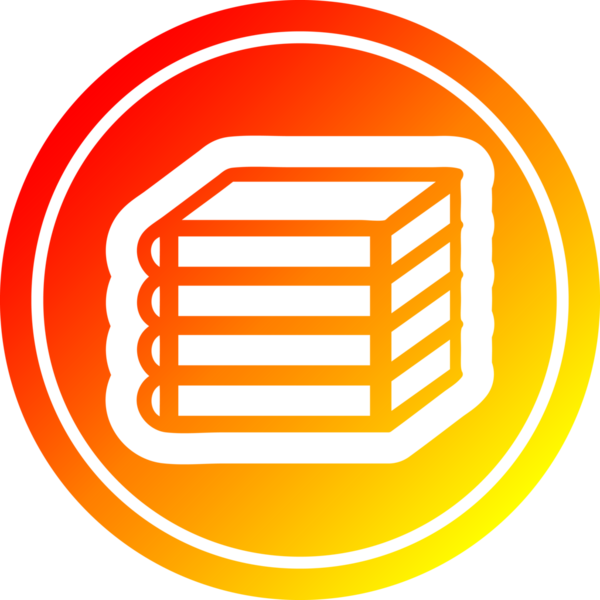 Bir insan tarafından çizilen sıcak gradyan bitiş tablosuna sahip bir yığın kitap dairesel simgesi