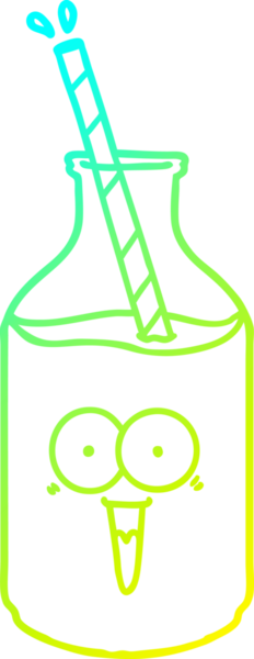 Bir insan tarafından çizilmiş samanla birlikte mutlu bir süt şişesinin soğuk gradyan çizgisi.