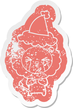 Bir insan tarafından çizilmiş Noel Baba şapkası takan ağlayan bir aslan çıkartması.