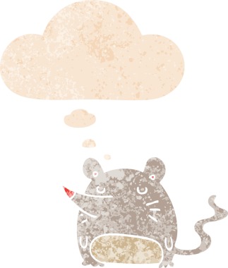 grunge 'da düşünce baloncuğu olan çizgi film faresi bir insan tarafından çizilmiş gerilimli retro desen tarzı