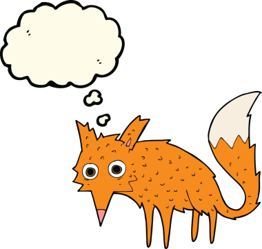 Bir insan tarafından çizilmiş düşünce baloncuklu komik bir tilki.