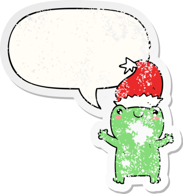 Tatlı noel kurbağası konuşma baloncuğu bir insan tarafından çizilmiş sıkıntılı eski bir çıkartma