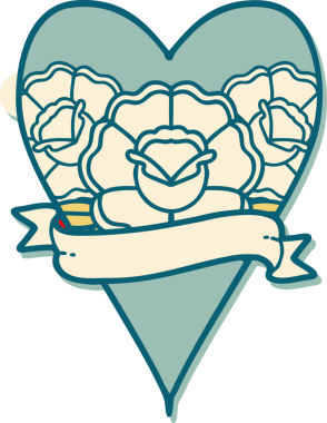 Geleneksel kalp stili dövme çıkartması ve bir insan tarafından çizilmiş çiçekli pankart.