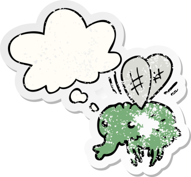 Düşünce baloncuğu olan karikatür, insan tarafından çizilmiş yıpranmış bir çıkartma gibi.